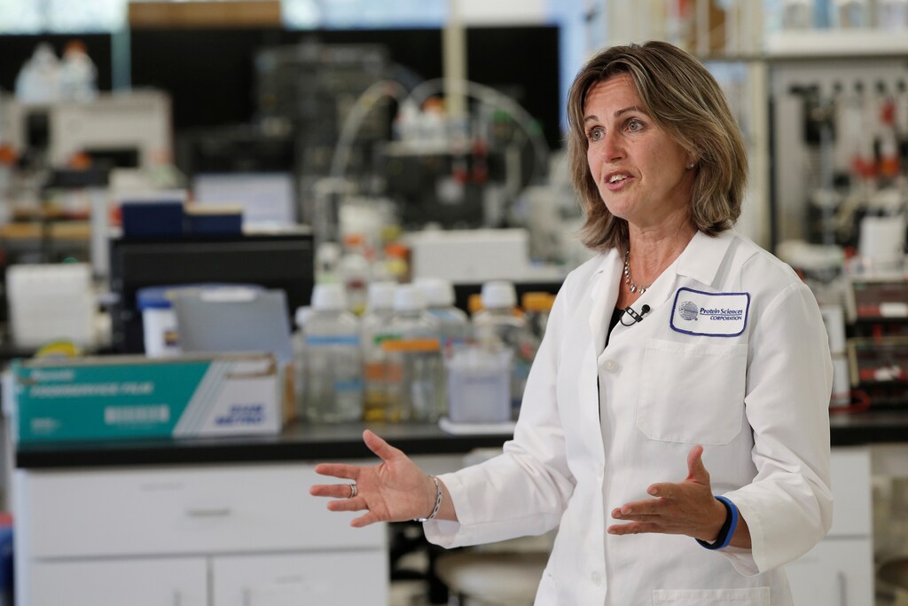 Protein Sciences Inc. President and CEO Manon Cox speaks during an interview with Reuters at a Protein Sciences Inc. research laboratory where they are working on developing a vaccine for the Zika virus based on production of recombinant variations of the E protein from the Zika virus at the Protein Sciences Inc. headquarters in Meriden, Connecticut, U.S., June 20, 2016. Picture taken June 20, 2016. REUTERS/Mike Segar - RTSQMJX