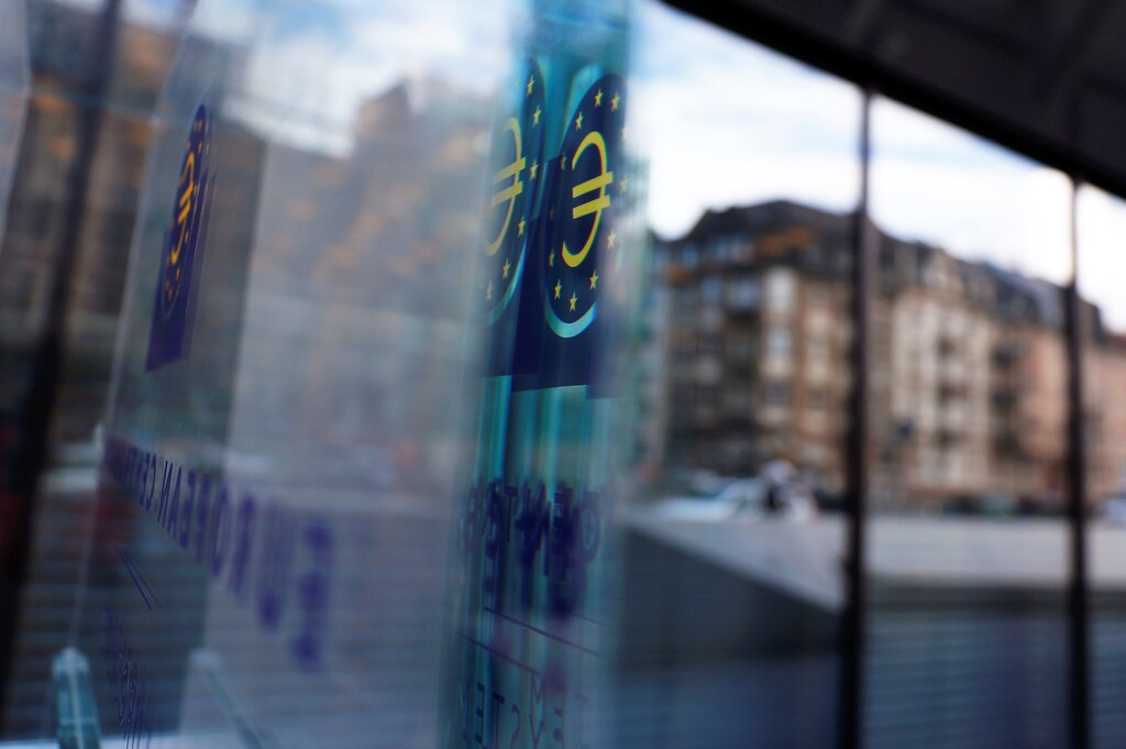 Reflection of the sign of the European central Bank (ECB) is seen ahead of the news conference on the outcome of the Governing Council meeting, at the ECB headquarters in Frankfurt, Germany, March 7, 2019. REUTERS/Kai Pfaffenbach - RC1ECD919780