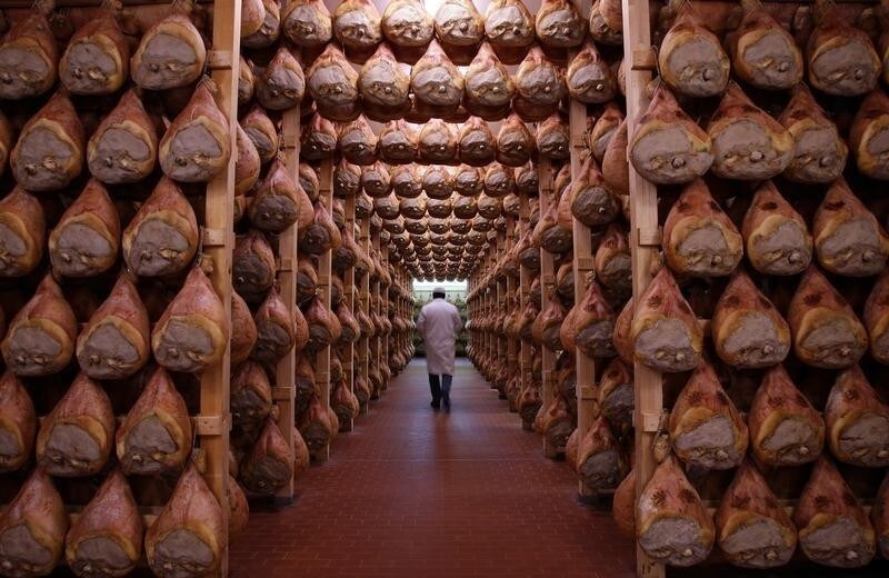 A worker checks in a special room where the Parma hams are hung to dry in Langhirano near Parma, October 13, 2009.