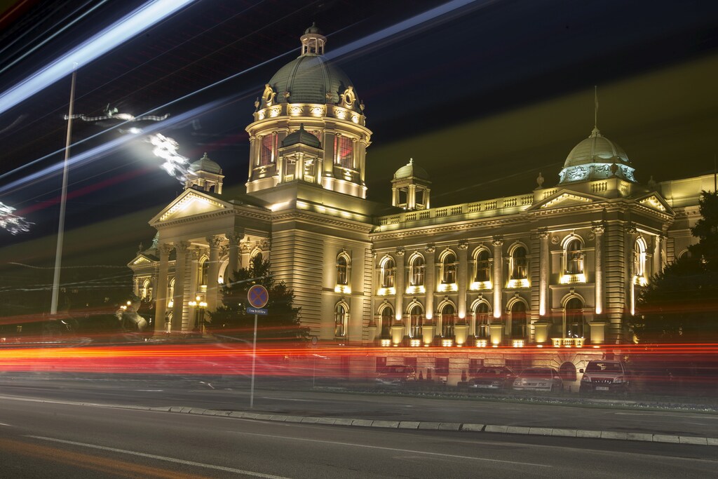 The Serbian Parliament building is seen before the Earth Hour in Belgrade March 28, 2015. Earth Hour, when everyone around the world is asked to turn off lights for an hour from 8.30 pm local time, is meant as a show of support for tougher action to confront climate change. REUTERS/Marko Djurica - GF10000042243