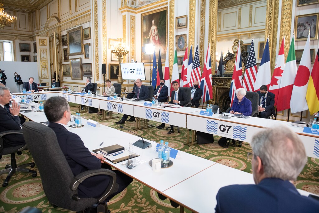 Britain's then Chancellor of the Exchequer, Rishi Sunak, speaking at a meeting of finance ministers from across the G7