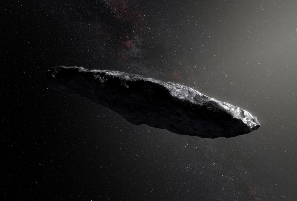 This artists impression shows the first interstellar asteroid, `Oumuamua as it passes through the solar system after its discovery in October 2017. European Southern Obervatory/M. Kornmesser/Handout via REUTERS ATTENTION EDITORS - THIS IMAGE WAS PROVIDED BY A THIRD PARTY - RC16AB66CA80