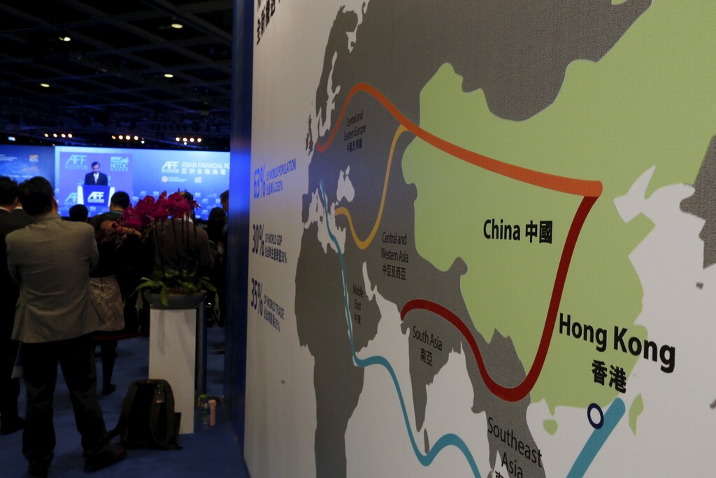 A map illustrating China's silk road economic belt and the 21st century maritime silk road, or the so-called "One Belt, One Road" megaproject, is displayed at the Asian Financial Forum in Hong Kong, China January 18, 2016. REUTERS/Bobby Yip - RTX22TG3