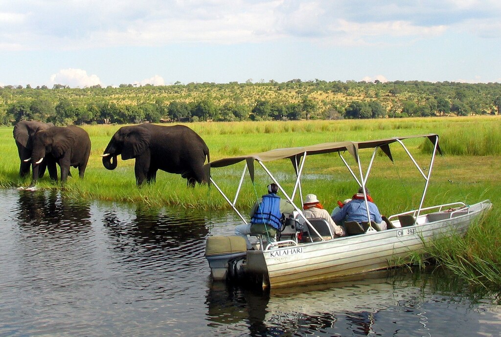 Foreign tourists in safari riverboats observe elephants along the Chobe river bank near Botswana's northern border where Zimbabwe, Zambia and Namibia meet in this picture taken March 4, 2005. Botswana's Chobe National Park has one of the highest densities of elephant on the planet - so many that they are gradually turning to forest to savannah - but officials want to avoid being similarly overrun by tourists. Picture taken March 4, 2005. TO MATCH FEATURE BOTSWANA-CHOBE REUTERS/Peter Apps - RP6DRMTASNAB