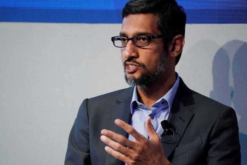 Sundar Pichai, Chief Executive Officer of Google, gestures as he speaks during the World Economic Forum (WEF) annual meeting in Davos, Switzerland January 24, 2018. REUTERS/Denis Balibouse - RC1827292810