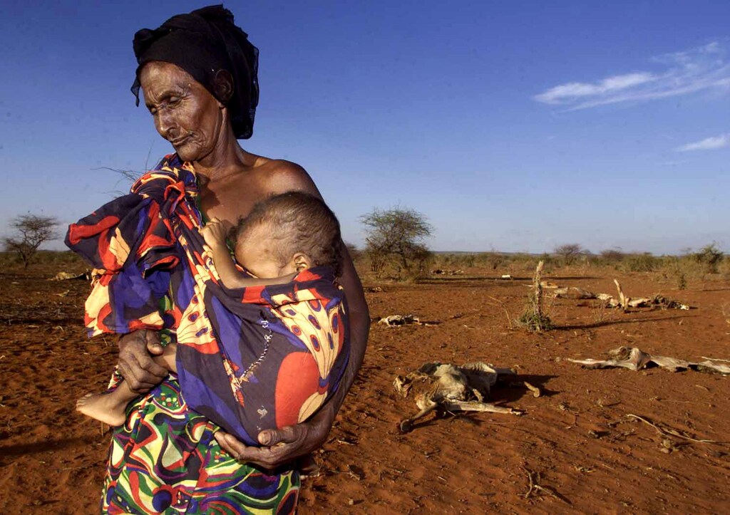 Ruqia Aroo, 80, carries her malnourished grandson Khalif Sheikh Adan, 5, near the carcasses of her dead herd of cattle near Afder, 1100 kms south east of Addis Ababa, April 18, 2000.GM - RTRBSG8