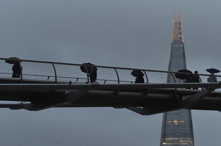 City workers cross the Millennium footbridge at dawn in front of the Shard skyscraper, in the financial district of London, Britain January 7, 2016. Britain's finance minister George Osborne said on Thursday that Britain's economy was not immune from a "dangerous cocktail" of threats from abroad, and urged against complacency after two years of solid growth. Osborne -- whom Prime Minister David Cameron has named as a possible successor -- said in a new year's message that Britain faced headwinds from slower growth in China, Brazil and Russia as well as tensions in the Middle East. REUTERS/Toby Melville
