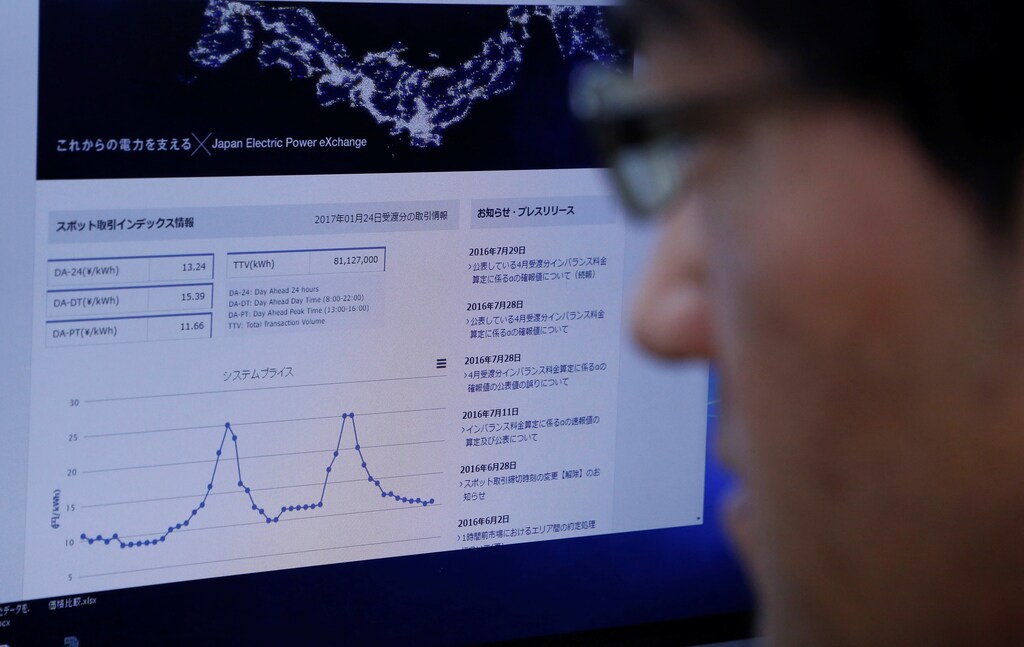 A graph on a computer monitor shows the day's electricity price while its employee works at Japan Electric Power Exchange's office in Tokyo, Japan, January 24, 2017. Picture taken on January 24, 2017.REUTERS/Kim Kyung-Hoon - RTX3086K