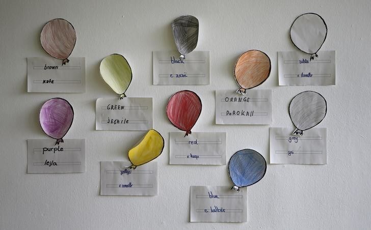Drawings of balloons in different colours and two languages are seen in a classroom of a refugee deportation registry centre in Manching near Ingolstadt, Germany, February 16, 2016. Picture taken on February 16, 2016. REUTERS/Michaela Rehle