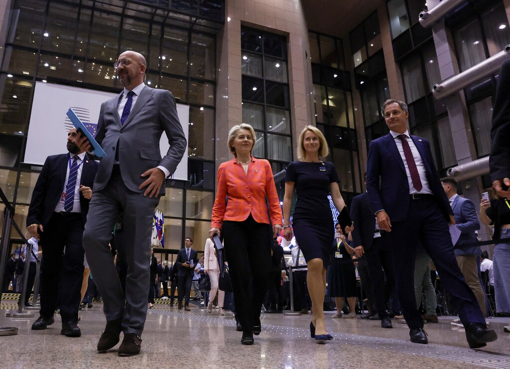 European Union leaders walking together in a lobby at an EU summit in Brussels, Belgium on June 28, 2024