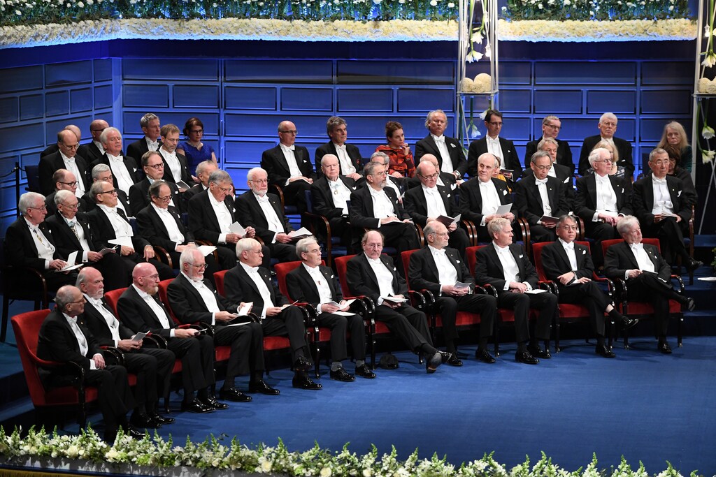 Rainer Weiss, laureate in physics, Barry C. Barish, laureate in physics, Kip S. Thorne, laureate in physics, Jacques Dubochet, laureate in chemistry, Joachim Frank, laureate in chemistry, Richard Henderson, laureate in chemistry, Jeffrey Hall, laureate in physiology or medicine, Michael Rosbash, laureate in physiology or medicine, Michael Young, laureate in physiology or medicine, Kazuo Ishiguro, laureate in literature, and Richard Thaler, laureate in economics are seen during the Nobel Award Ceremony at the Concert House in Stockholm, Sweden December 10, 2017. TT News Agency/Henrik Montgomery via REUTERS ATTENTION EDITORS - THIS IMAGE WAS PROVIDED BY A THIRD PARTY. SWEDEN OUT. NO COMMERCIAL OR EDITORIAL SALES IN SWEDEN - RC1B0BE56540