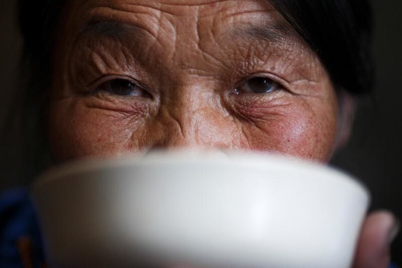 Ethnic Dukha nomad Jargal Gombosed drinks salty milk tea in her tent in the forest near the village of Tsagaannuur, Khovsgol aimag, Mongolia, April 20, 2018.