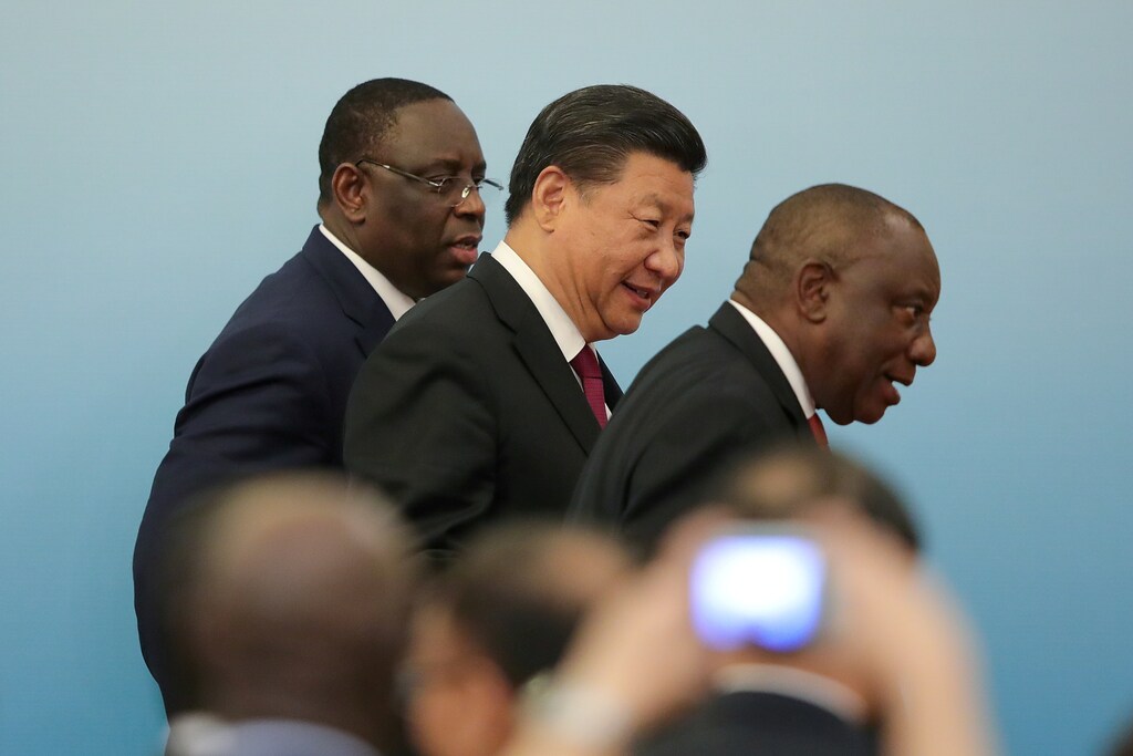 Chinese President Xi with South Africa's President Ramaphosa and Senegal's President Sall at the 2018 Beijing Summit of Forum on China-Africa Cooperation joint news conference at the Great Hall of the People in Beijing, China September 4, 2018. Lintao Zhang/Pool via REUTERS - RC1EB6503C80