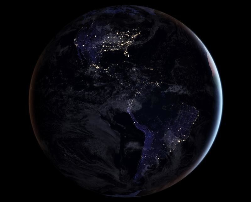 A composite image released by NASA on April 12, 2017 showing the full western hemisphere at night. This map of night lights is based on imagery from 2016. NASA Earth Observatory image by Joshua Stevens, using Suomi NPP VIIRS data from Miguel Romn ATTENTION EDITORS - THIS IMAGE WAS PROVIDED BY A THIRD PARTY - RC1229E36B10