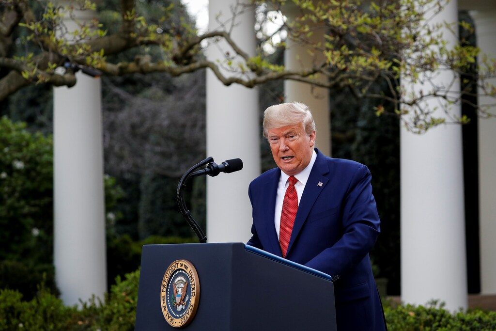 U.S. President Donald Trump speaks during a news conference in the Rose Garden of the White House in Washington, U.S., March 29, 2020. REUTERS/Al Drago - RC20UF92EQIZ