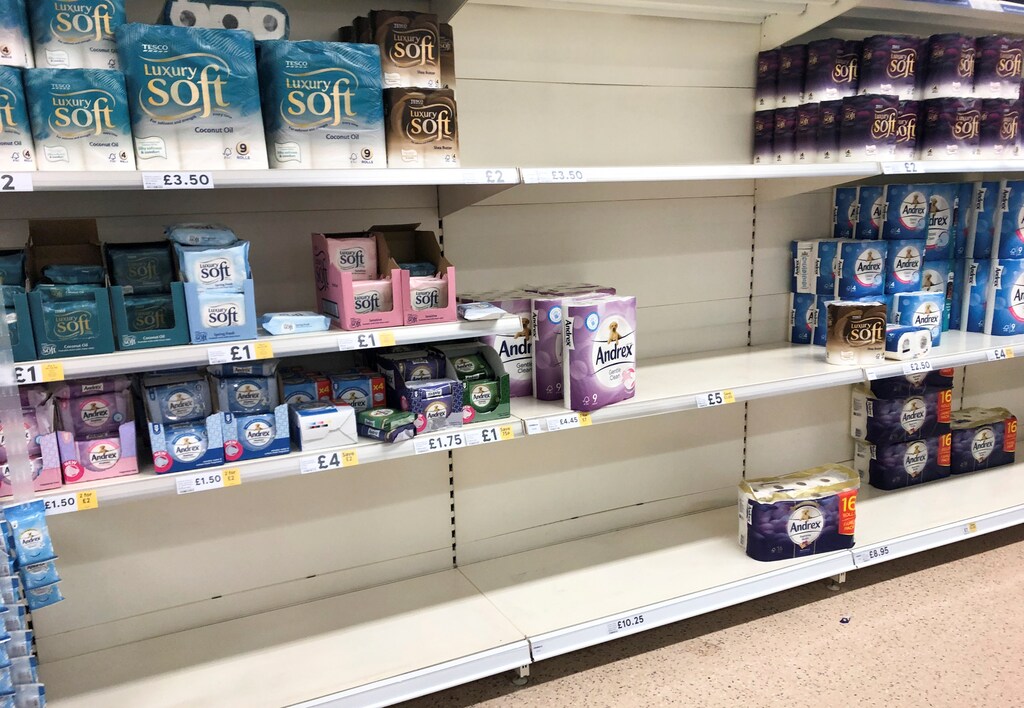 Empty shelves out of stock of toilet paper are pictured in a supermarket in London, Britain, March 6 2020. REUTERS/Henry Nicholls - RC2GEF9CWTLN
