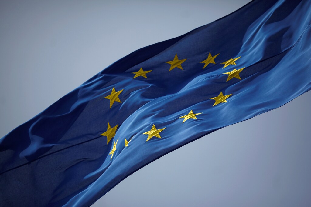 he European Union flag is seen flying, at the border of Gibraltar with Spain.
