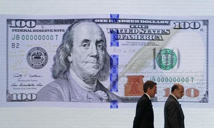 U.S. Treasury Secretary Timothy Geithner (L) and Federal Reserve Chairman Ben Bernanke leave a ceremony to debut the new design for the US$100 note at the Department of the Treasury in Washington, April 21, 2010. Officials from the U.S. Department of the Treasury, the Board of Governors of the Federal Reserve System and the United States Secret Service today unveiled the new design for the $100 note. Complete with advanced technology to combat counterfeiting, the new design for the $100 note retains the traditional look of U.S. currency. REUTERS/Jim Young (UNITED STATES - Tags: POLITICS BUSINESS)