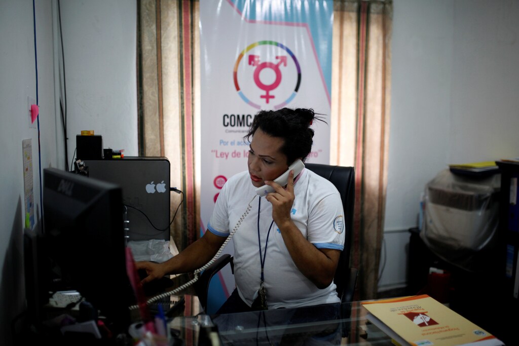 Karla Avelar, executive director of the Association for Communicating and Training Trans Women (COMCAVIS TRANS), works at her office in San Salvador, El Salvador, May 12, 2017. REUTERS/Jose Cabezas - RTX35M8N