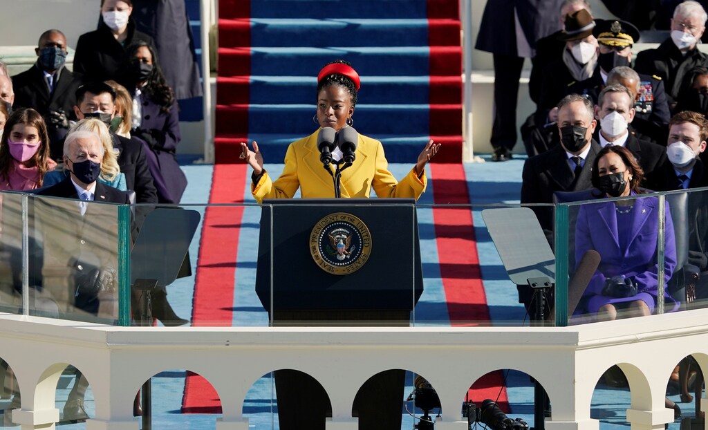Poet Amanda Gorman reads a poem during the 59th Presidential Inauguration at the US Capitol in Washington: Art like poetry can be a means for social commentary, to be clebrated during Black History Month.