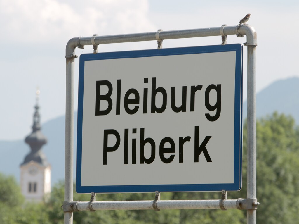 The city limits sign of Bleiburg written in both German and Slovenian is pictured in Austria's southern Carinthia province, some 5 km (3 miles) from the Slovenian border, July 14, 2010. Bilingual city limits signs for three Austrian villages near to the border with Slovenia were erected on Tuesday, in accordance to a verdict by Austria's constitutional court. REUTERS/Heinz-Peter Bader (AUSTRIA - Tags: POLITICS) - RTR2GEVH