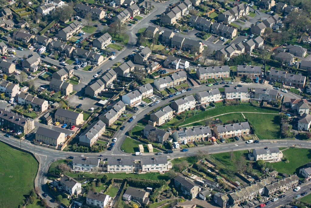 Birdseye view of houses in Oakworth, West Yorkshire, UK.