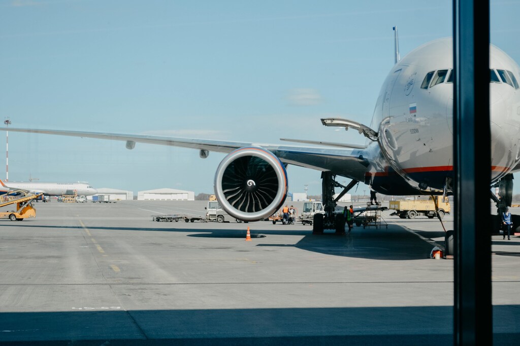 A grounded aircraft at an airport.