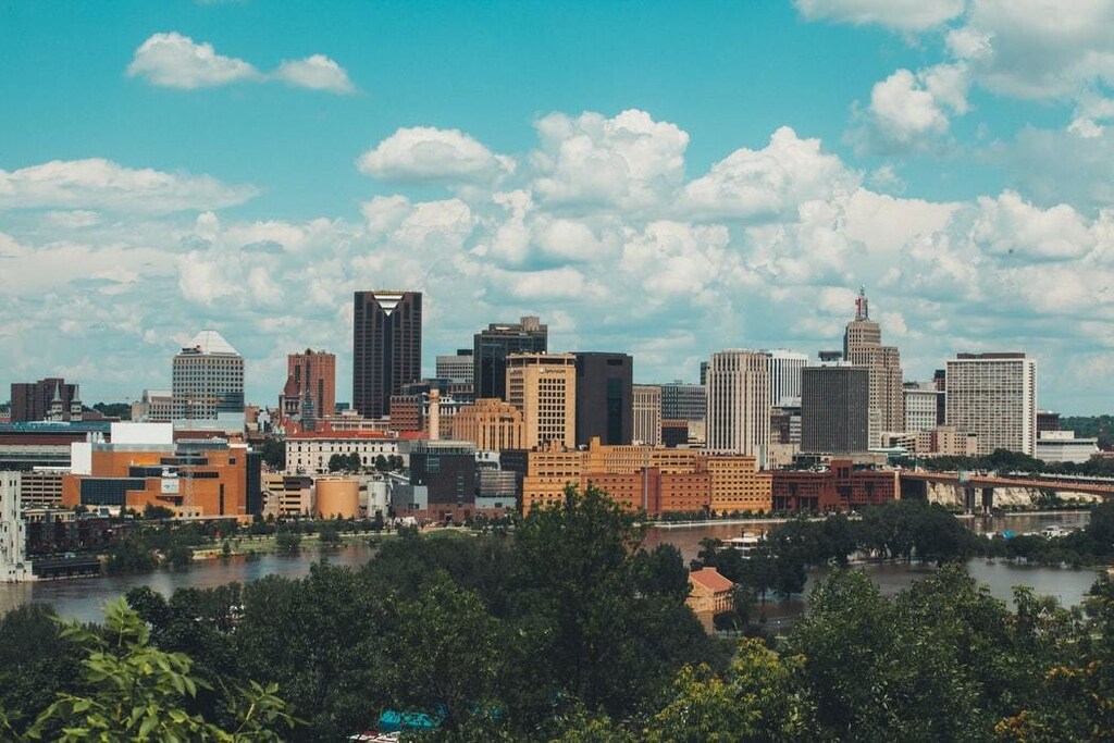 High-rises of Saint Paul, USA, on a riverbank.