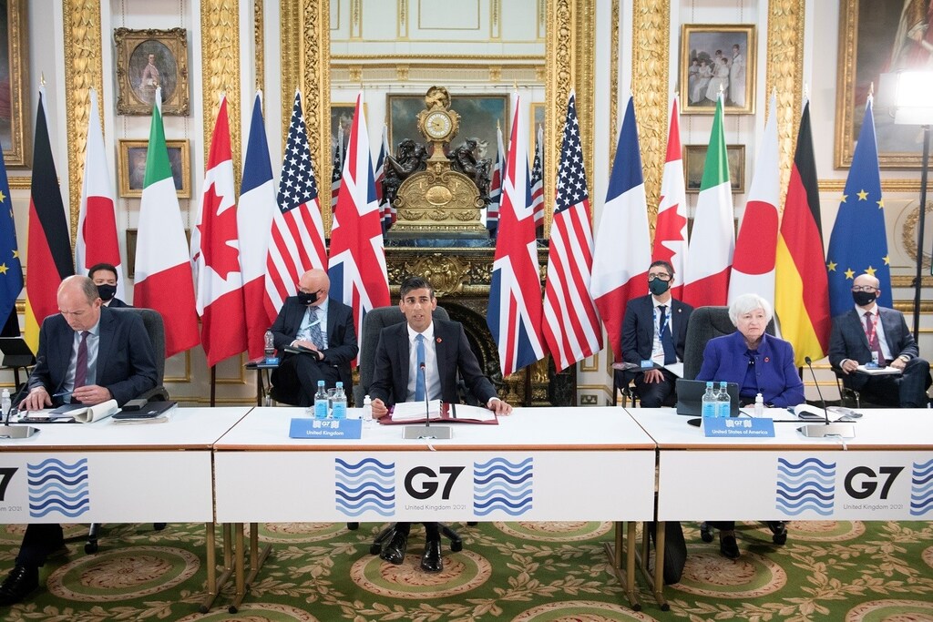 Britain's Chancellor of the Exchequer Rishi Sunak speaks at a meeting of finance ministers from across the G7 nations ahead of the G7 leaders' summit, at Lancaster House in London, Britain June 4, 2021. Stefan Rousseau/PA Wire/Pool via REUTERS - RC2KTN9E4304
