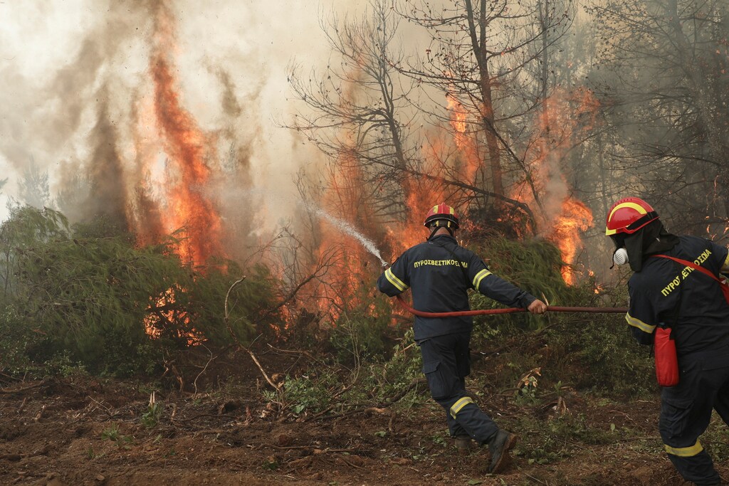Firefighters try to extinguish a fire on the island of Evia, Greece this year.