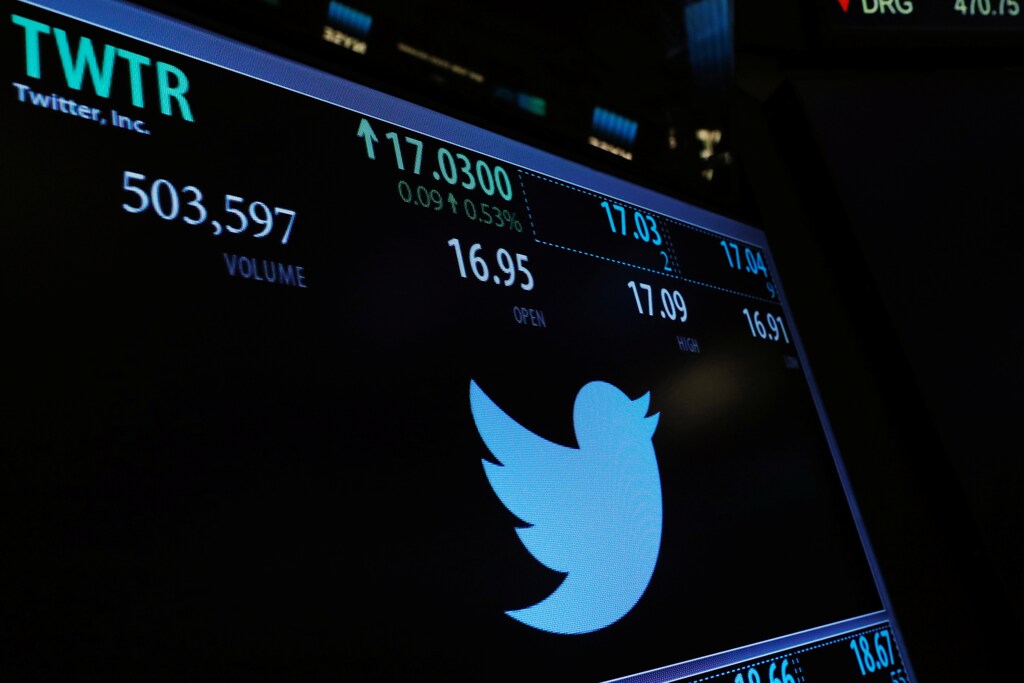 A screen displays the stock price of Twitter above the floor of the New York Stock Exchange (NYSE) shortly after the opening bell in New York, U.S., January 31, 2017. REUTERS/Lucas Jackson - RTX2Z054