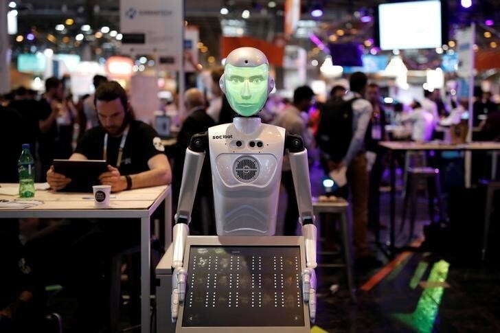 A 'SociBot' humanoid robot, manufactured by Engineered Arts, is displayed at the Viva Technology conference in Paris, France, June 15, 2017. REUTERS/Benoit Tessier