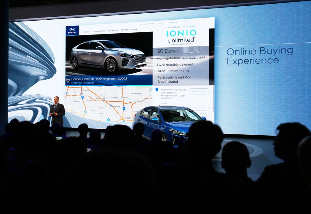 Dean Evans, Hyundai Motor America Chief Marketing Officer, introduces Hyundai's new "Ioniq Unlimited" Subscription-based Ownership Experience at the 2016 Los Angeles Auto Show in Los Angeles, California, U.S November 16, 2016. REUTERS/Mike Blake - RTX2U13W