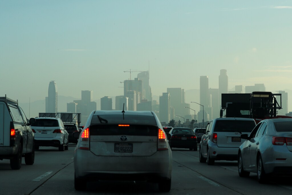 Early morning commuter traffic in Los Angeles.