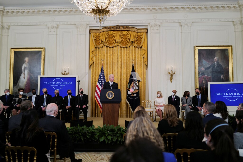 U.S. President Joe Biden speaks at an event to reignite the 'Cancer Moonshot' initiative with a goal to reduce cancer death by 50 percent over the next 25 years, in the East Room at the White House in Washington, D.C., U.S., February 2, 2022.