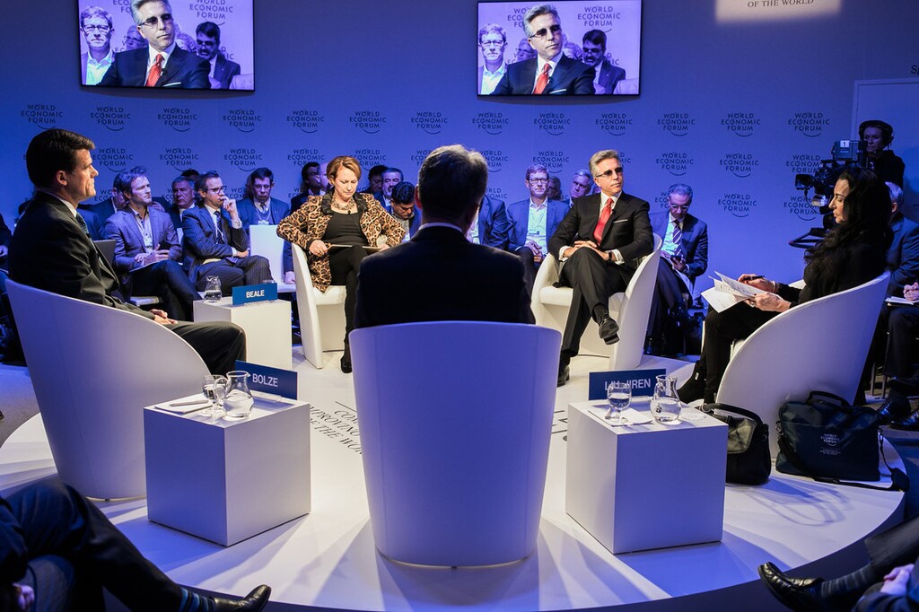 Inga Beale, Chief Executive Officer, Lloyd's, United Kingdom, Steve Bolze, President and Chief Executive Officer, GE Power, USA, Liu Jiren, Chairman and Chief Executive Officer, Neusoft Corporation, People's Republic of China, Bill McDermott, Chief Executive Officer, SAP, Germany and Orit Gadiesh, Chairman, Bain & Company, United Kingdom at the Annual Meeting 2017 of the World Economic Forum in Davos, January 17, 2017Copyright by World Economic Forum / Jakob Polacsek