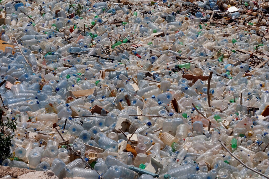 Empty plastic bottles are photographed nearby the public beach in Khaldeh, near Beirut, Lebanon June 6, 2017. REUTERS/Mohamed Azakir - RTX399ZV