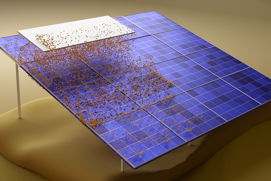 Computer-generated image of dust particles leaping off the solar panel’s surface.