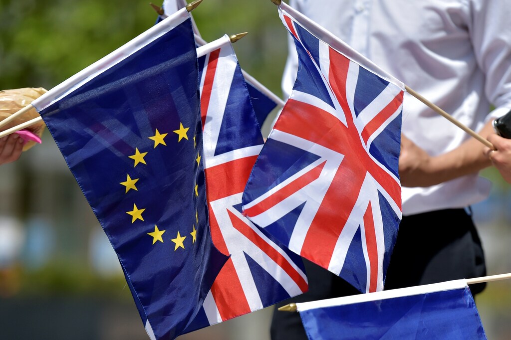 British students hold the UK Union flags and European Union flags in front of the European Parliament in Brussels, Belgium, June 23, 2016.