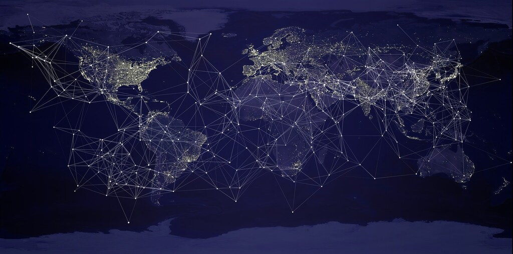 map of the globe featuring light sources. in the face of growing competition and a perceived talent shortage, companies need to take their recruitment and hiring strategies across international borders.