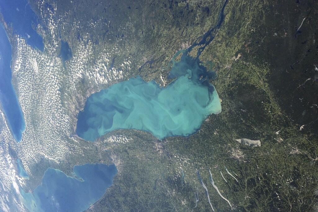 Late summer plankton blooms across much of Lake Ontario, one of North America's Great Lakes, in this photograph taken by an astronaut on the International Space Station courtesy of NASA. Microscopic cyanobacteria, or blue-green algae, can reach such large concentrations and color the water to such an extent that the change is visible from orbit. REUTERS/NASA/Handout (CANADA - Tags: SCIENCE TECHNOLOGY ENVIRONMENT) THIS IMAGE HAS BEEN SUPPLIED BY A THIRD PARTY. IT IS DISTRIBUTED, EXACTLY AS RECEIVED BY REUTERS, AS A SERVICE TO CLIENTS. FOR EDITORIAL USE ONLY. NOT FOR SALE FOR MARKETING OR ADVERTISING CAMPAIGNS - GM1E98V0C7802