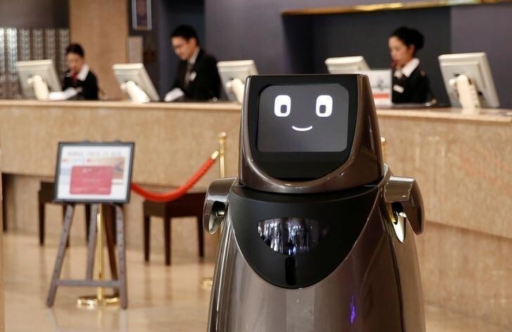 Panasonic's prototype delivery robot, HOSPI, designed to serve bottled beverages and provide bus information, is pictured at a hotel near Narita International Airport in Narita, Japan January 17, 2017. REUTERS/Toru Hanai