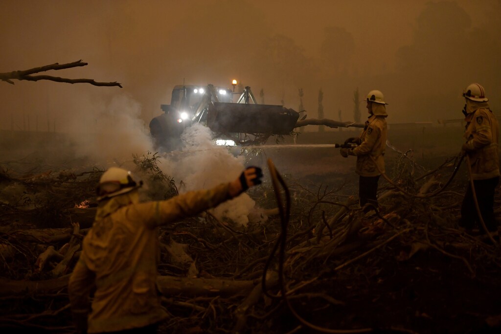 A burning gum tree is felled to stop it from falling on a car in Corbago, as bushfires continue in New South Wales, Australia January 5, 2020. REUTERS/Tracey Nearmy REFILE - CORRECTING YEAR - RC2M9E9PPV4M