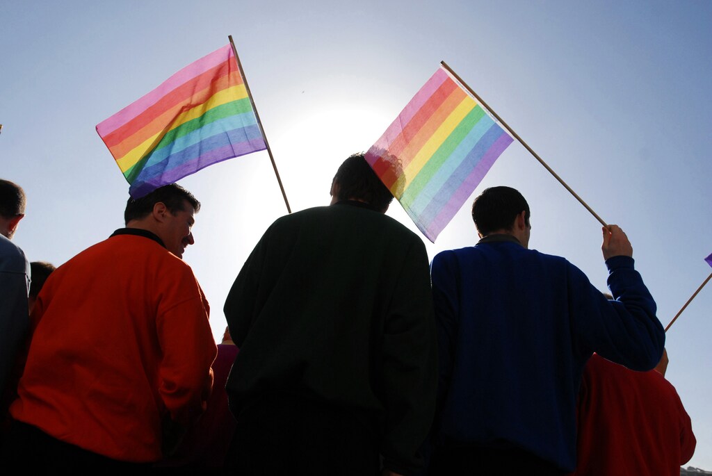 On June 17, 2008, gay and lesbian couples came to City Hall in San Francisco, CA to be married following the California Supreme Court's decision. People outside show their support of same sex marriage with rainbow flags.