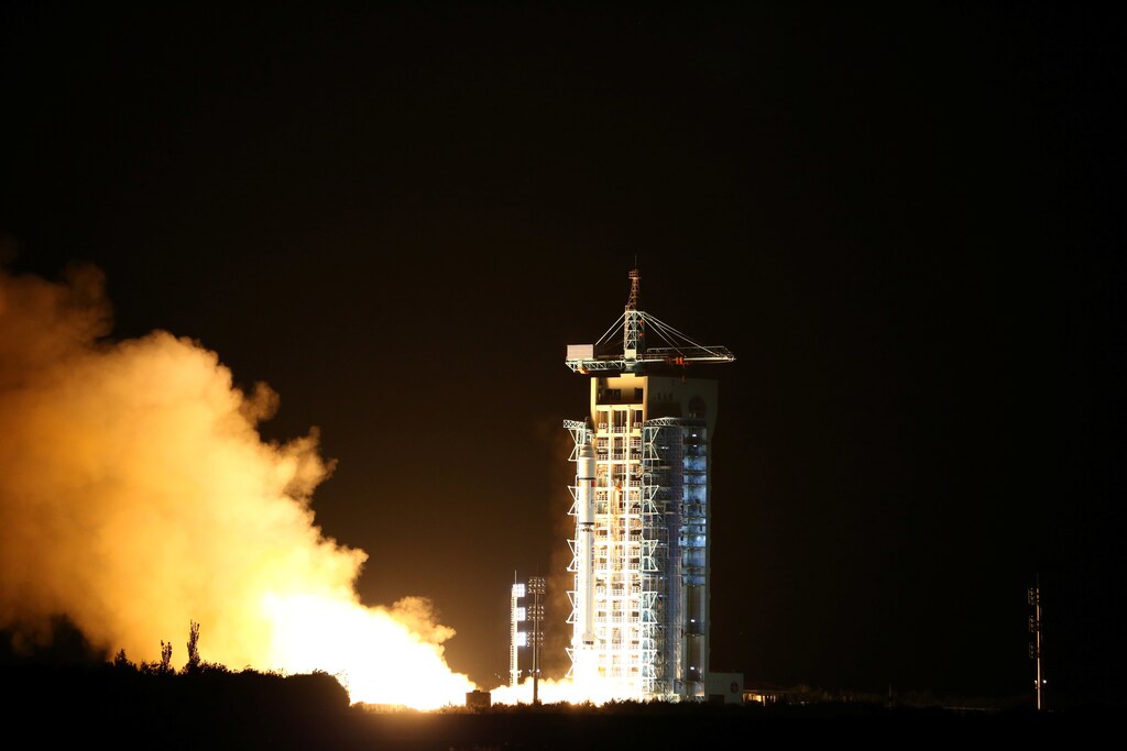 World's first quantum satellite is launched in Jiuquan, Gansu Province, China, August 16, 2016. China Daily/via REUTERS ATTENTION EDITORS - THIS IMAGE WAS PROVIDED BY A THIRD PARTY. EDITORIAL USE ONLY. CHINA OUT. - S1AETVRTXTAB
