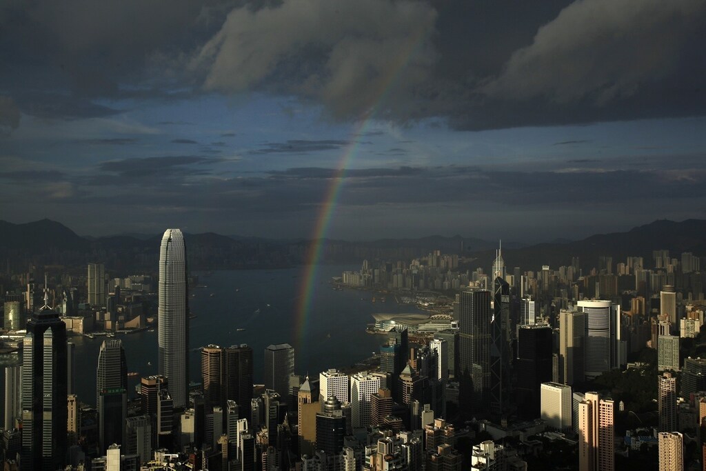 A rainbow arches over Hong Kong's Victoria Harbour June 19, 2012.