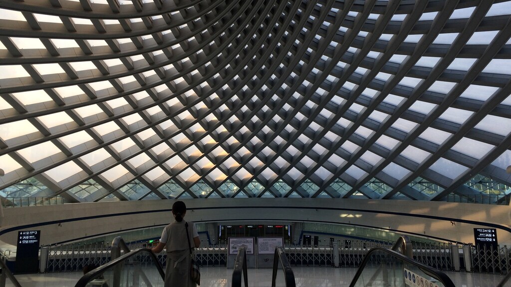 A woman stands on an escalator at Yujiapu high speed railway station in Tianjin, China, May 17, 2016.