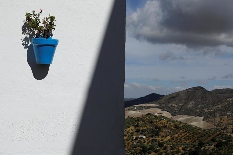 A flower pot is mounted on a wall in the white village of Olvera, southern Spain September 14, 2016. REUTERS/Marcelo del Pozo SEARCH "PUEBLOS BLANCOS" FOR THIS STORY. SEARCH "WIDER IMAGE" FOR ALL STORIES. - D1BEUHXJOSAA