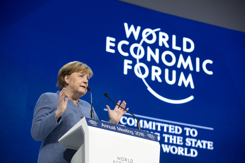 Angela Merkel, Federal Chancellor of Germany speaking during the session Special Address by Angela Merkel, Chancellor of Germany, at the Annual Meeting 2018 of the World Economic Forum in Davos, January 24, 2018. Copyright by World Economic Forum / Ciaran McCrickard