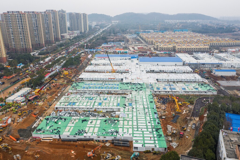 An aerial view shows the newly completed Huoshenshan Hospital, a dedicated hospital built in 8 days to treat coronavirus patients, in Wuhan, Hubei province, China February 2, 2020. China Daily via REUTERS ATTENTION EDITORS - THIS IMAGE WAS PROVIDED BY A THIRD PARTY. CHINA OUT. - RC29SE9M1W1B